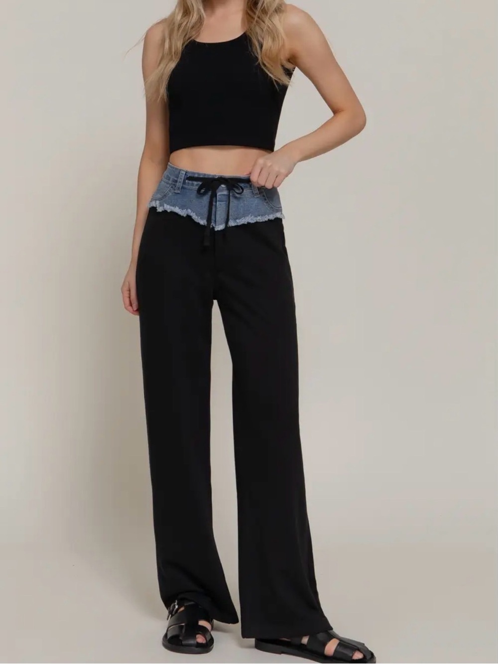 New black and denim sweat pants tie waist active basic S M L